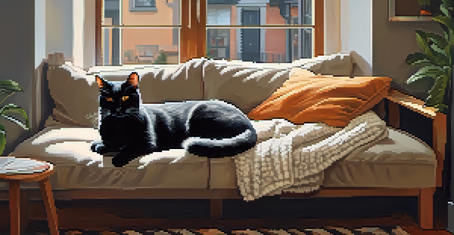 A person cuddling a fluffy cat in a cozy living room with a rainy window in the background.