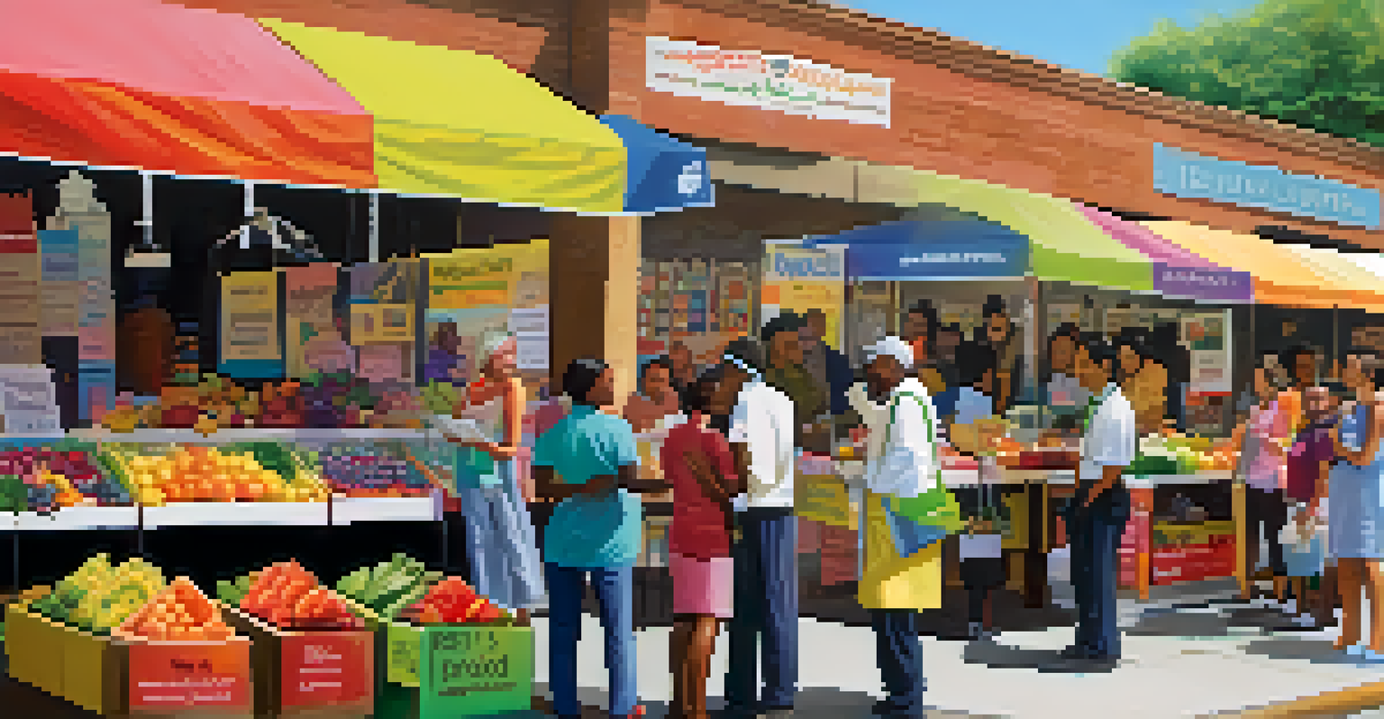 A local health initiative booth at a market with healthcare providers engaging with community members and colorful fruits in the background.