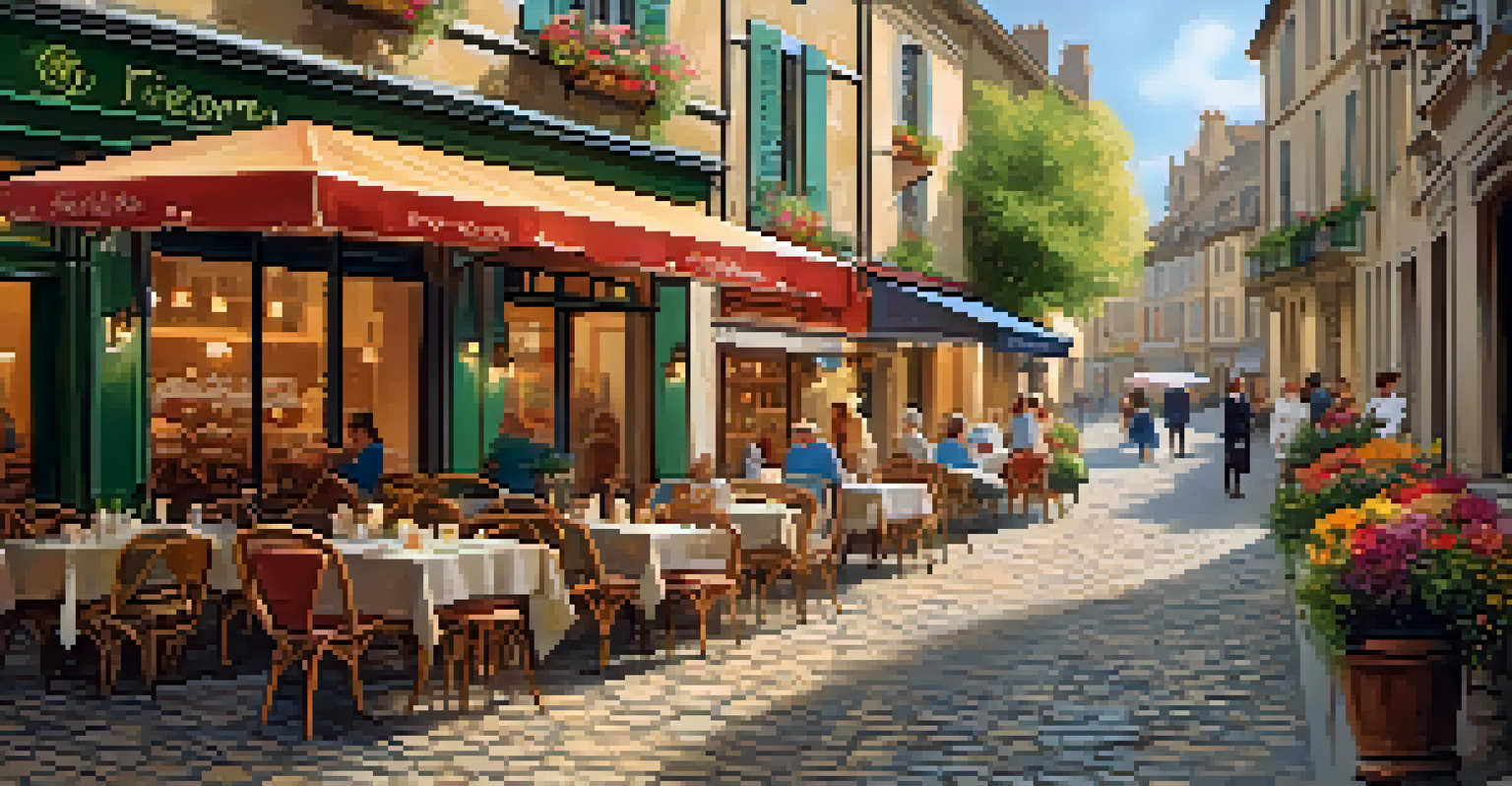 A cozy café terrace with patrons enjoying coffee amidst colorful flowers and rustic tables in a picturesque European town.