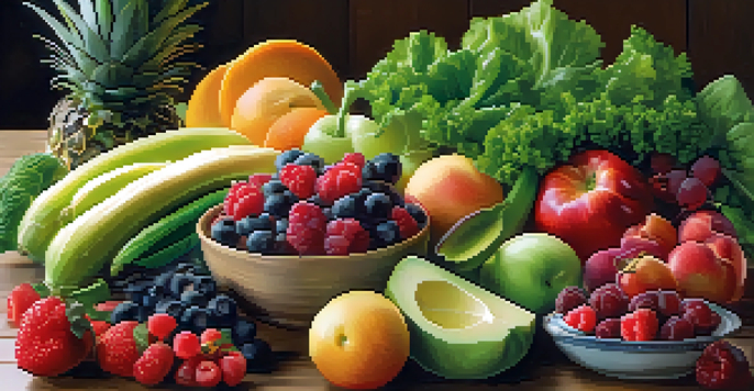 A colorful plate of fruits and vegetables on a wooden kitchen table, illuminated by soft light.