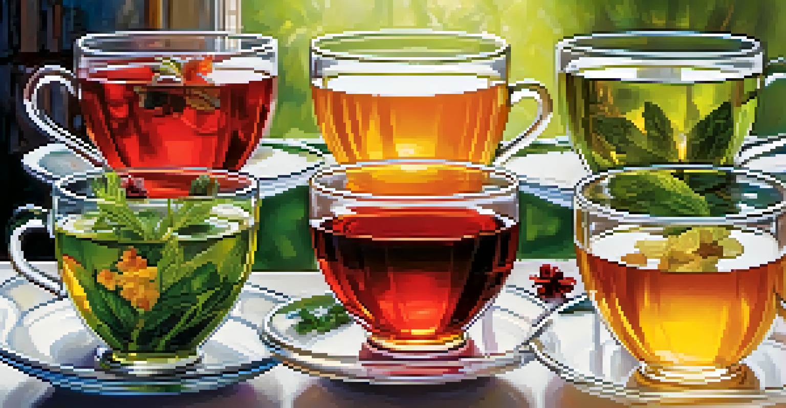Various herbal teas in clear glass teacups with colorful infusions, surrounded by fresh herbs and spices, illuminated by natural sunlight.
