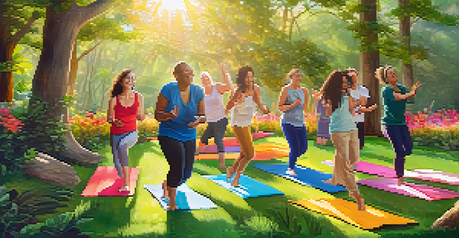 A group of diverse individuals laughing joyfully during a laughter yoga session in a sunny outdoor retreat surrounded by greenery.