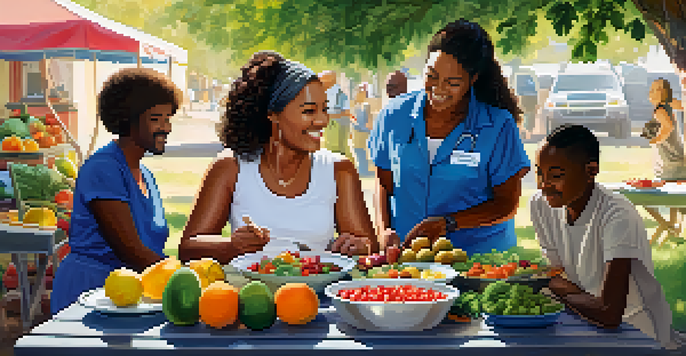 A community health worker demonstrating healthy cooking to a diverse group in an outdoor setting, surrounded by colorful fruits and vegetables.