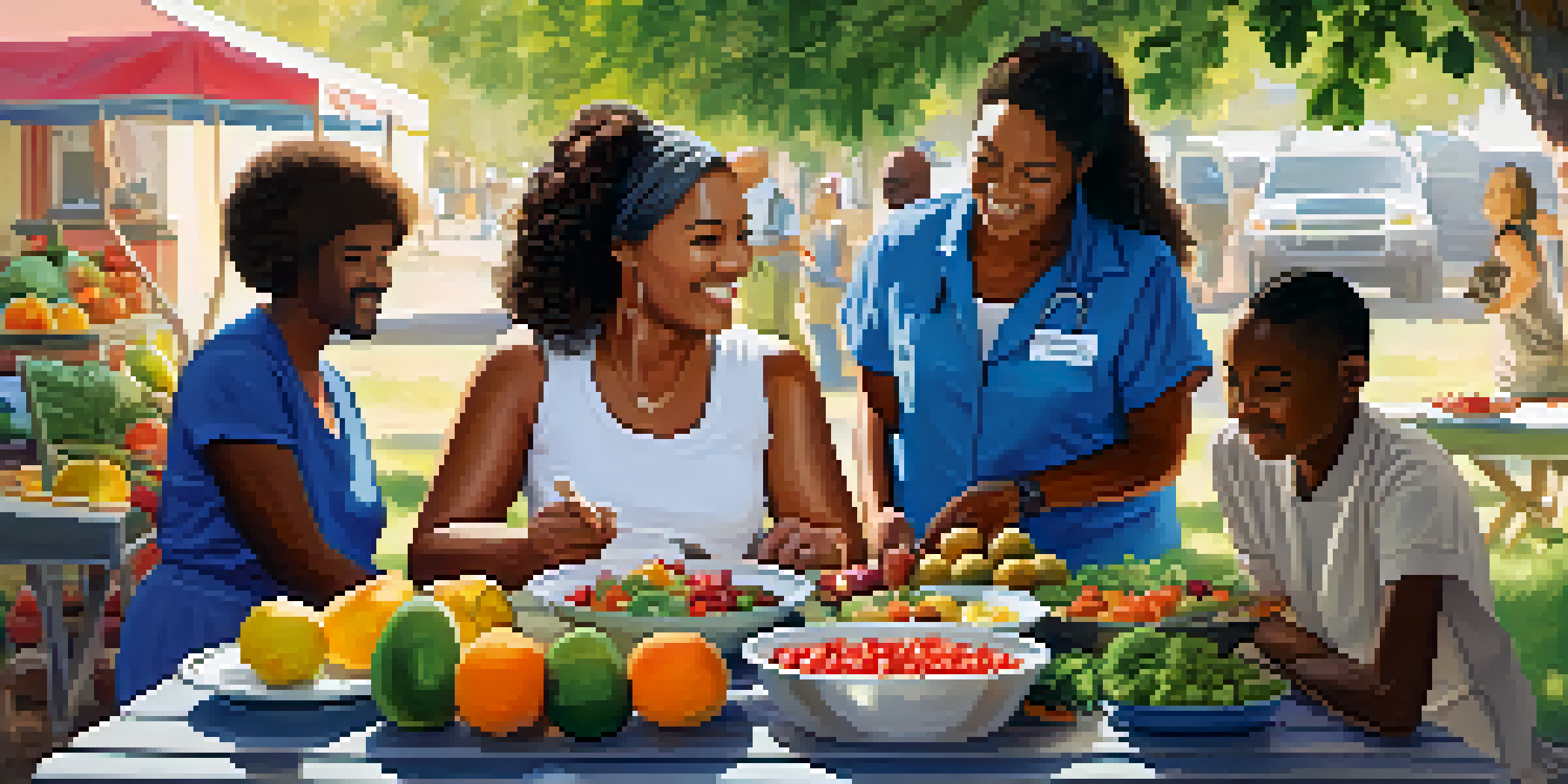 A community health worker demonstrating healthy cooking to a diverse group in an outdoor setting, surrounded by colorful fruits and vegetables.