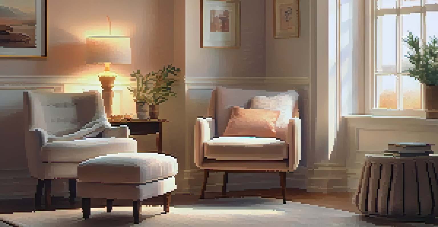 A cozy living room corner with an armchair, a blanket, a book, and a candle, illuminated by warm light.