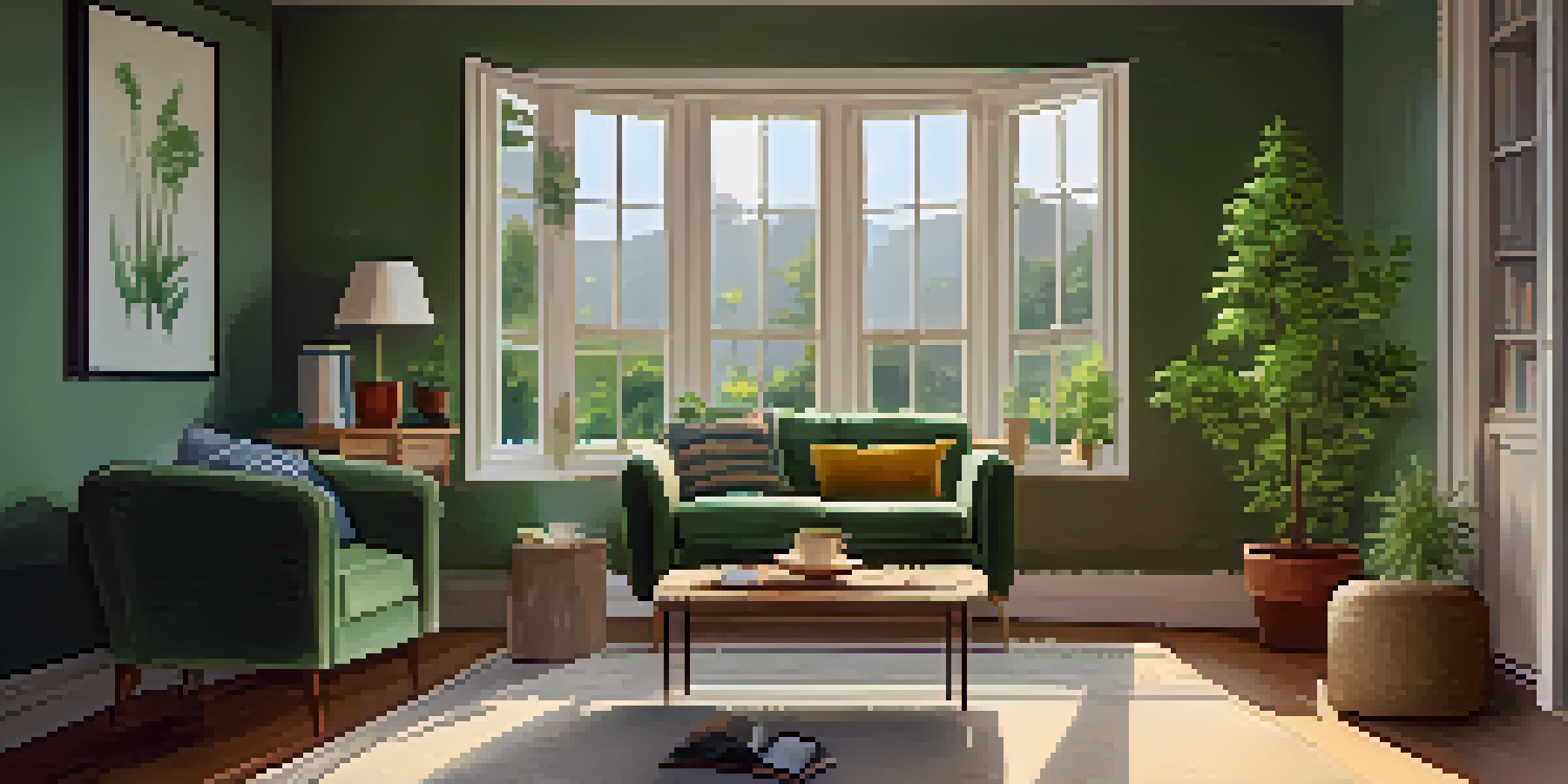 A cozy living room with an armchair, a cup of tea, books, and a plant by the window.