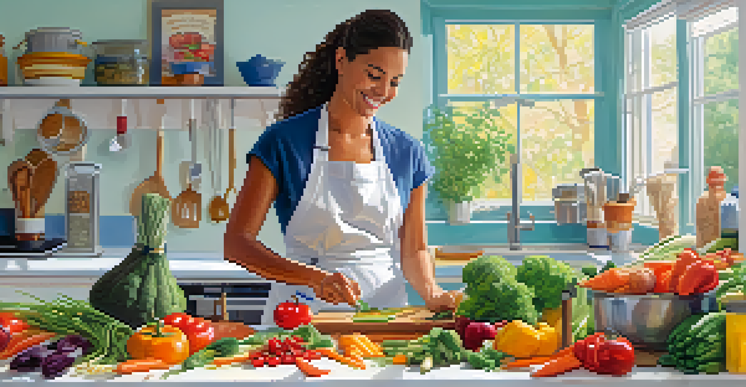 A nutritionist joyfully preparing a healthy meal in a bright kitchen filled with fresh vegetables and fruits.