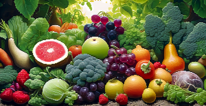 A colorful garden representing a healthy gut microbiome, with fruits and vegetables surrounded by glowing orbs symbolizing beneficial bacteria.