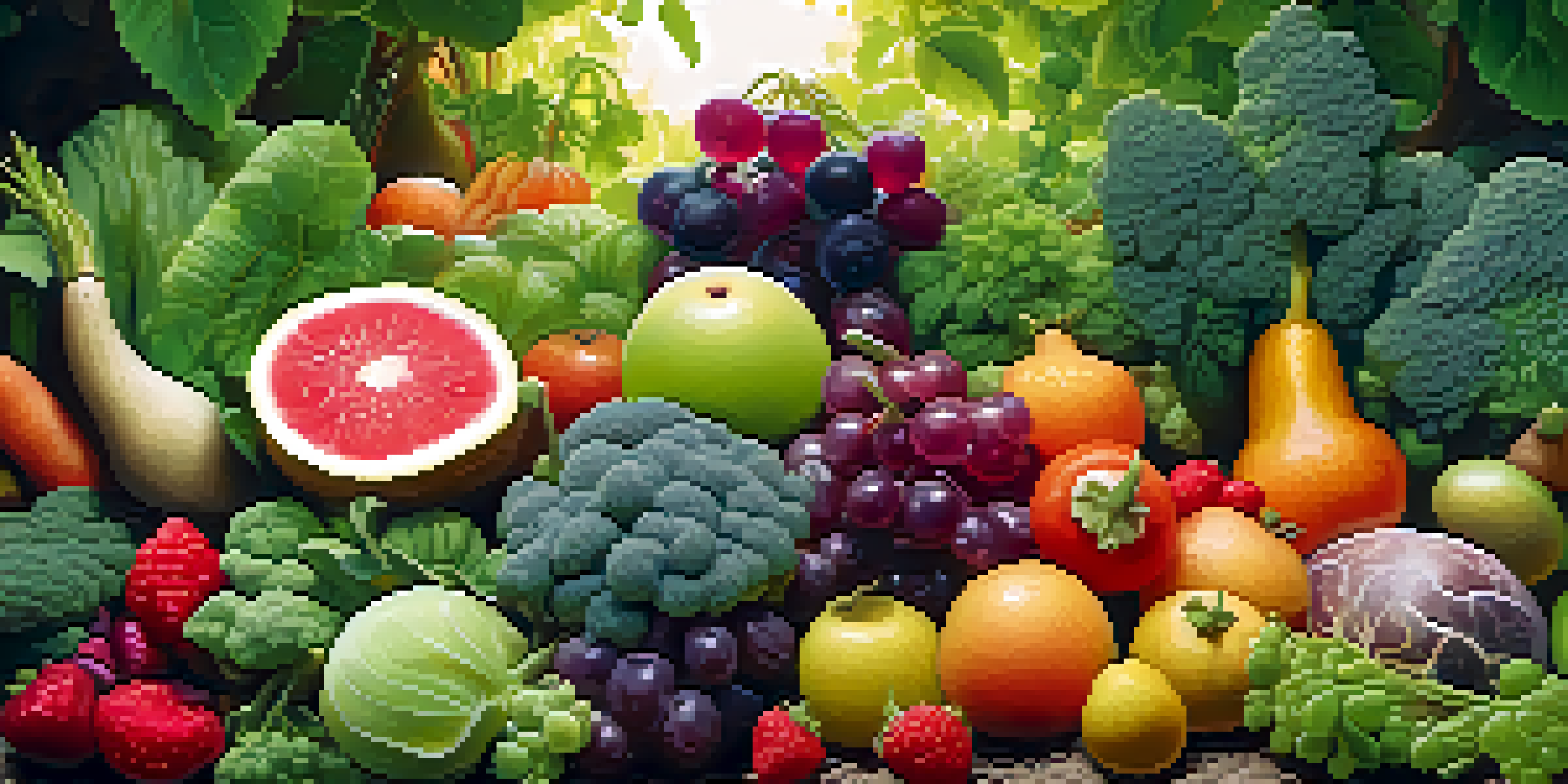 A colorful garden representing a healthy gut microbiome, with fruits and vegetables surrounded by glowing orbs symbolizing beneficial bacteria.