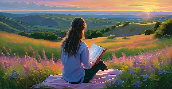 A person sitting on a grassy hill, looking at a colorful sunset with a book on their lap.