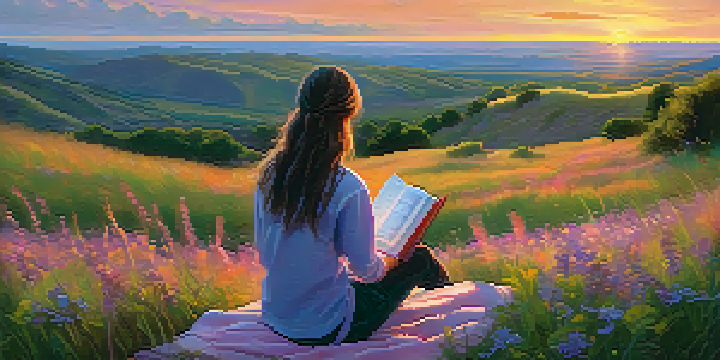 A person sitting on a grassy hill, looking at a colorful sunset with a book on their lap.