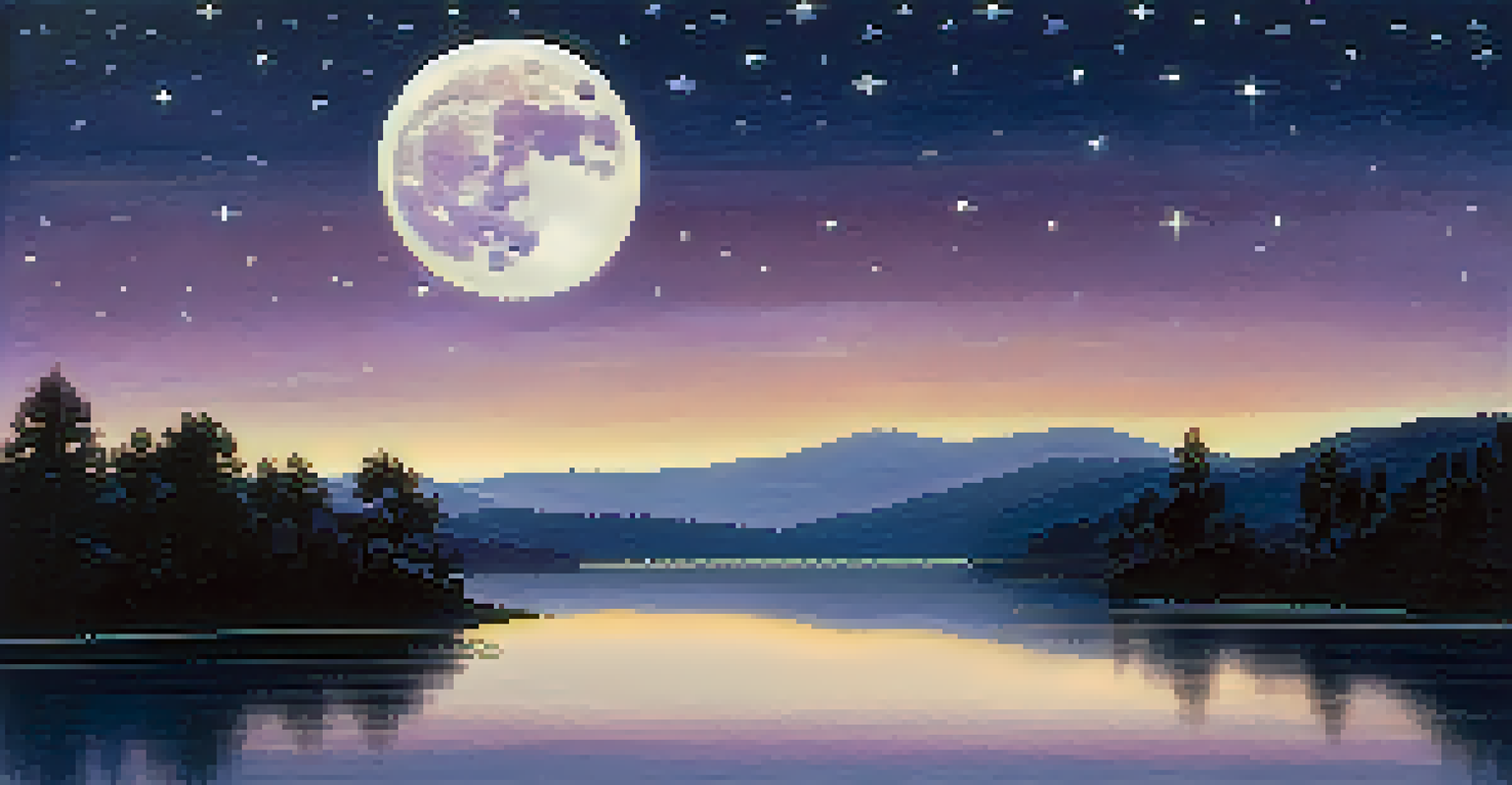 A tranquil night sky with stars and a large moon above a peaceful landscape, creating a serene and calming atmosphere.