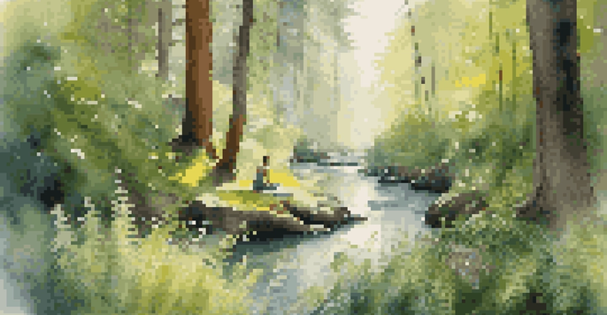 A peaceful forest with sunlight shining through trees, a stream, and a person doing yoga on a mat by the water.