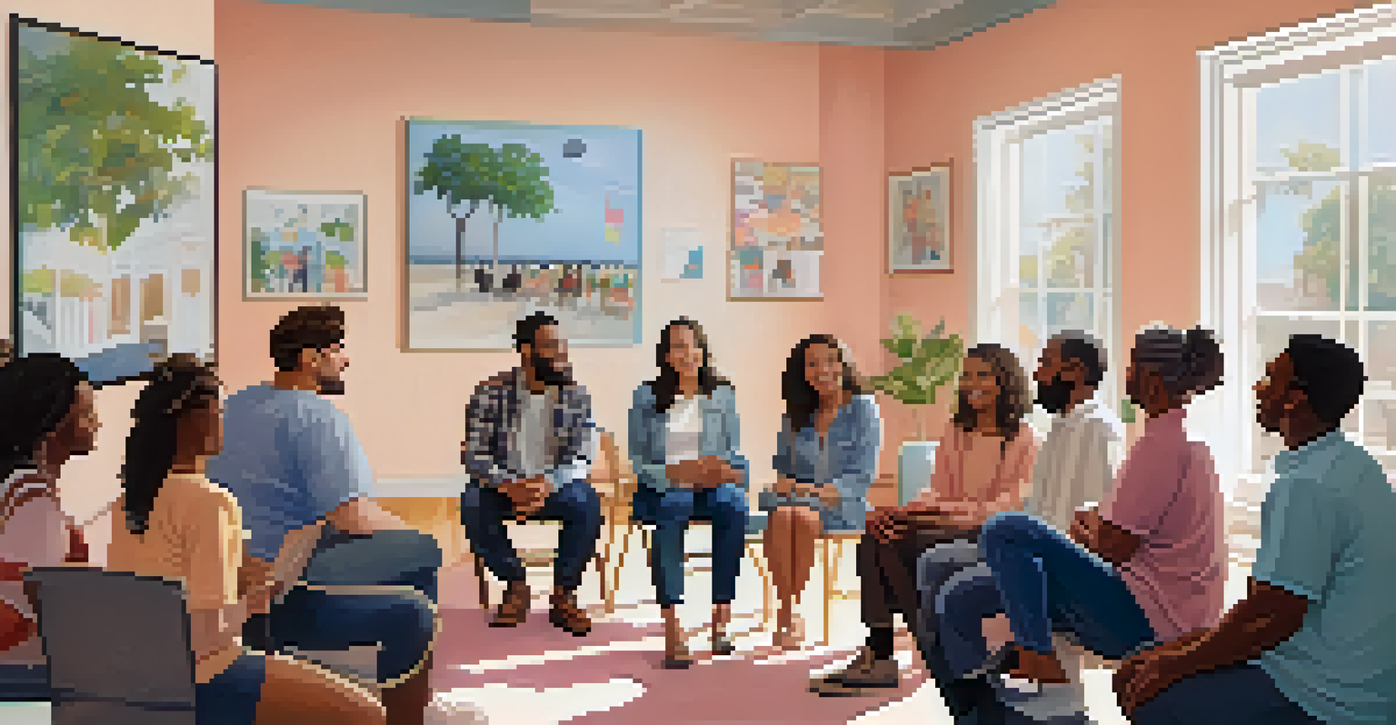 A diverse group of individuals sitting in a circle, sharing experiences in a supportive environment.