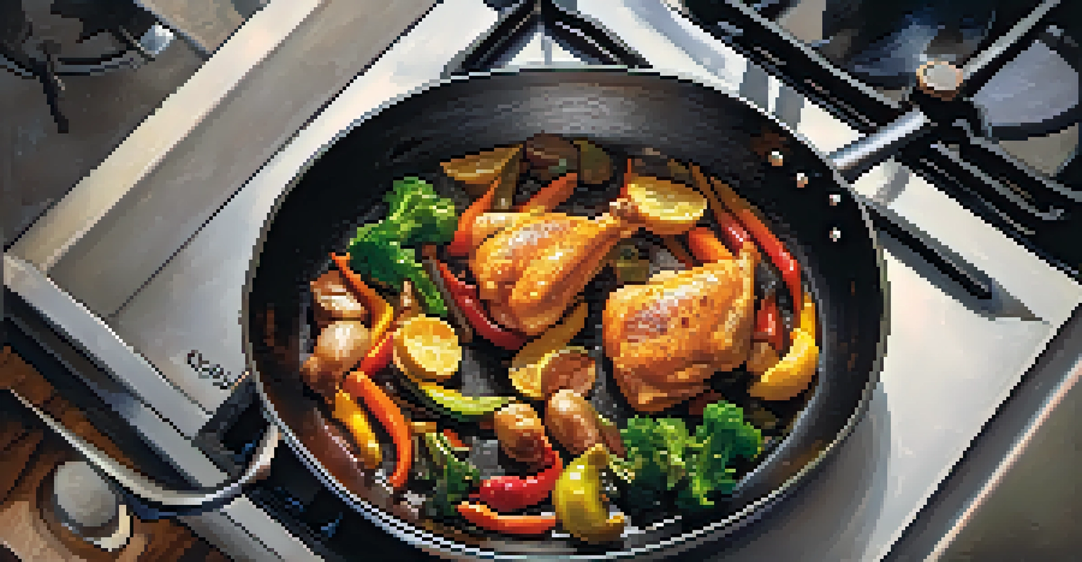An overhead view of a frying pan with colorful vegetables and chicken sizzling, surrounded by a softly lit kitchen.