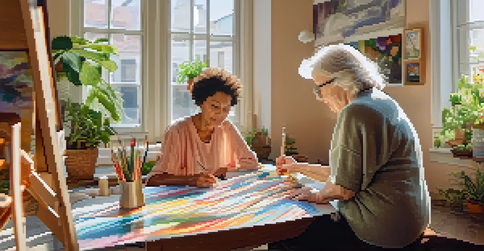 An elderly woman painting in a sunlit room, surrounded by art supplies and vibrant colors, creating a peaceful and focused atmosphere.