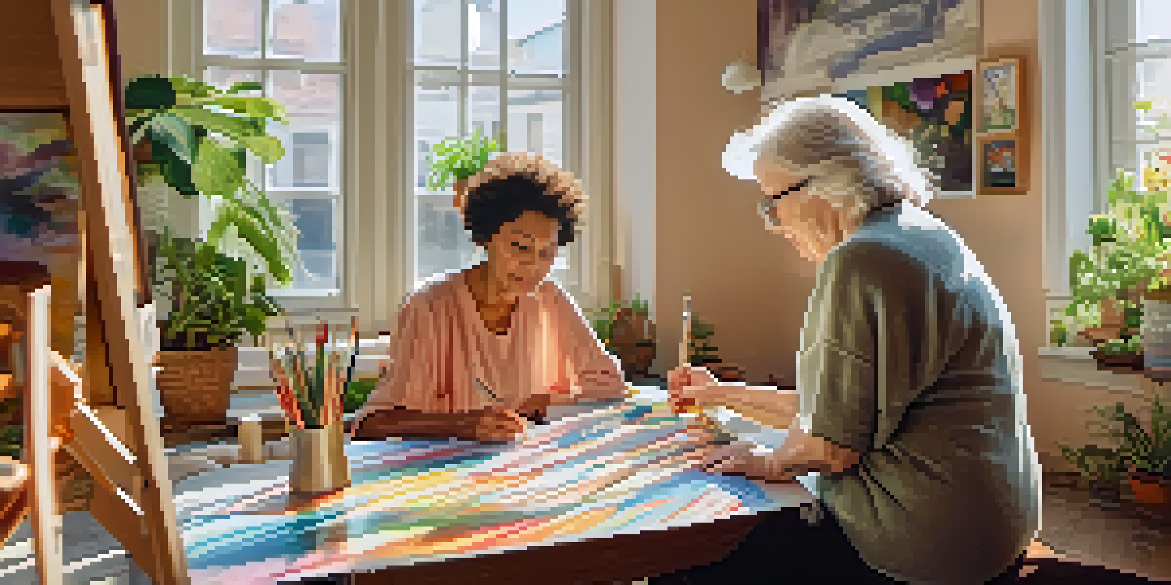 An elderly woman painting in a sunlit room, surrounded by art supplies and vibrant colors, creating a peaceful and focused atmosphere.