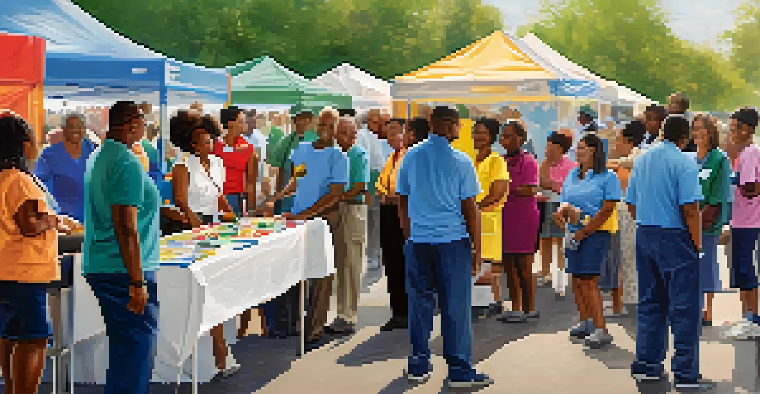 A vibrant health fair with diverse individuals getting health screenings and engaging with professionals.