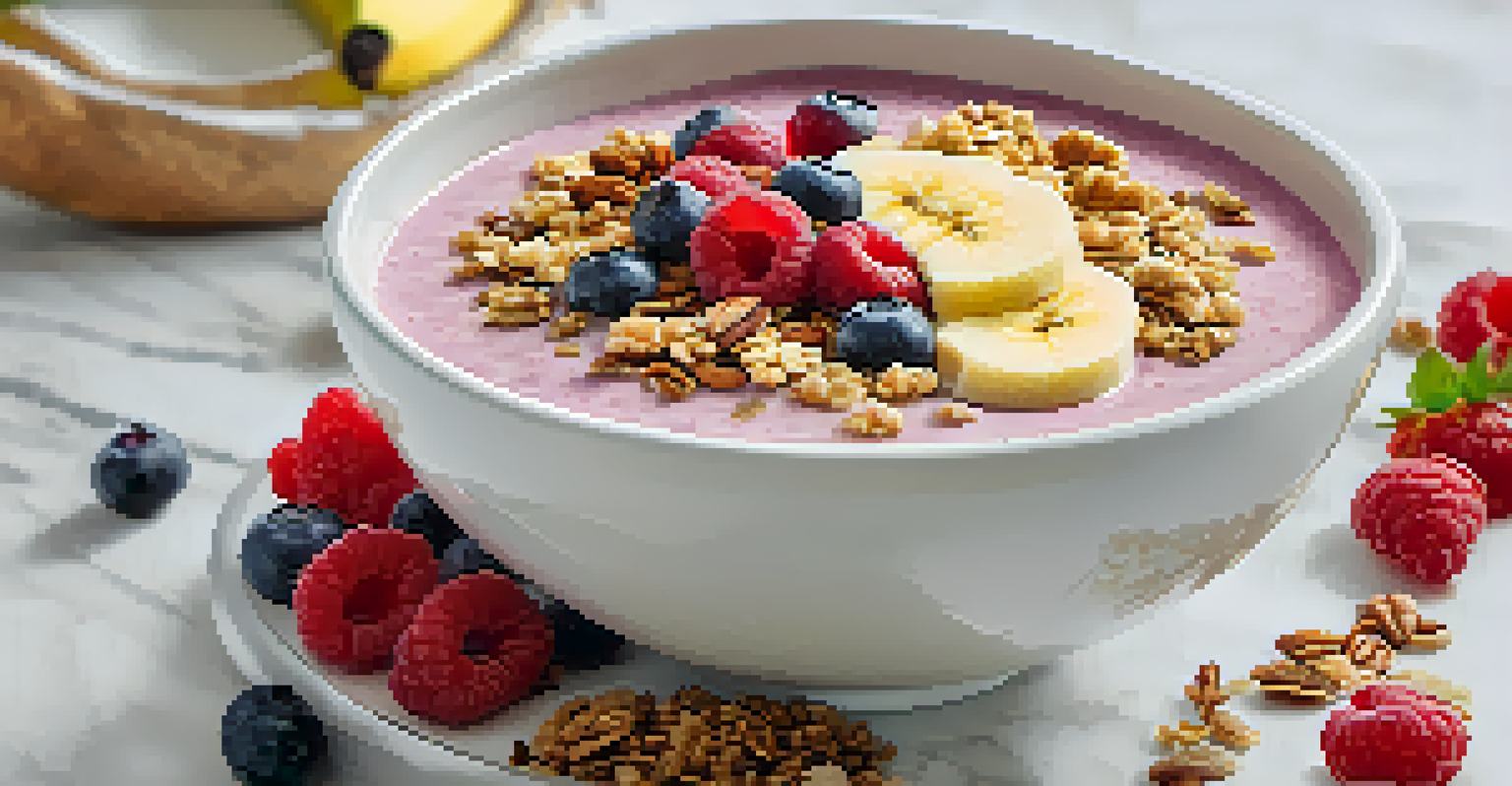 A close-up of a smoothie bowl with banana, granola, and berries on a marble countertop.