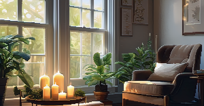 A cozy indoor setting with essential oil bottles, a diffuser, and candlelight, featuring sunlight and plants.