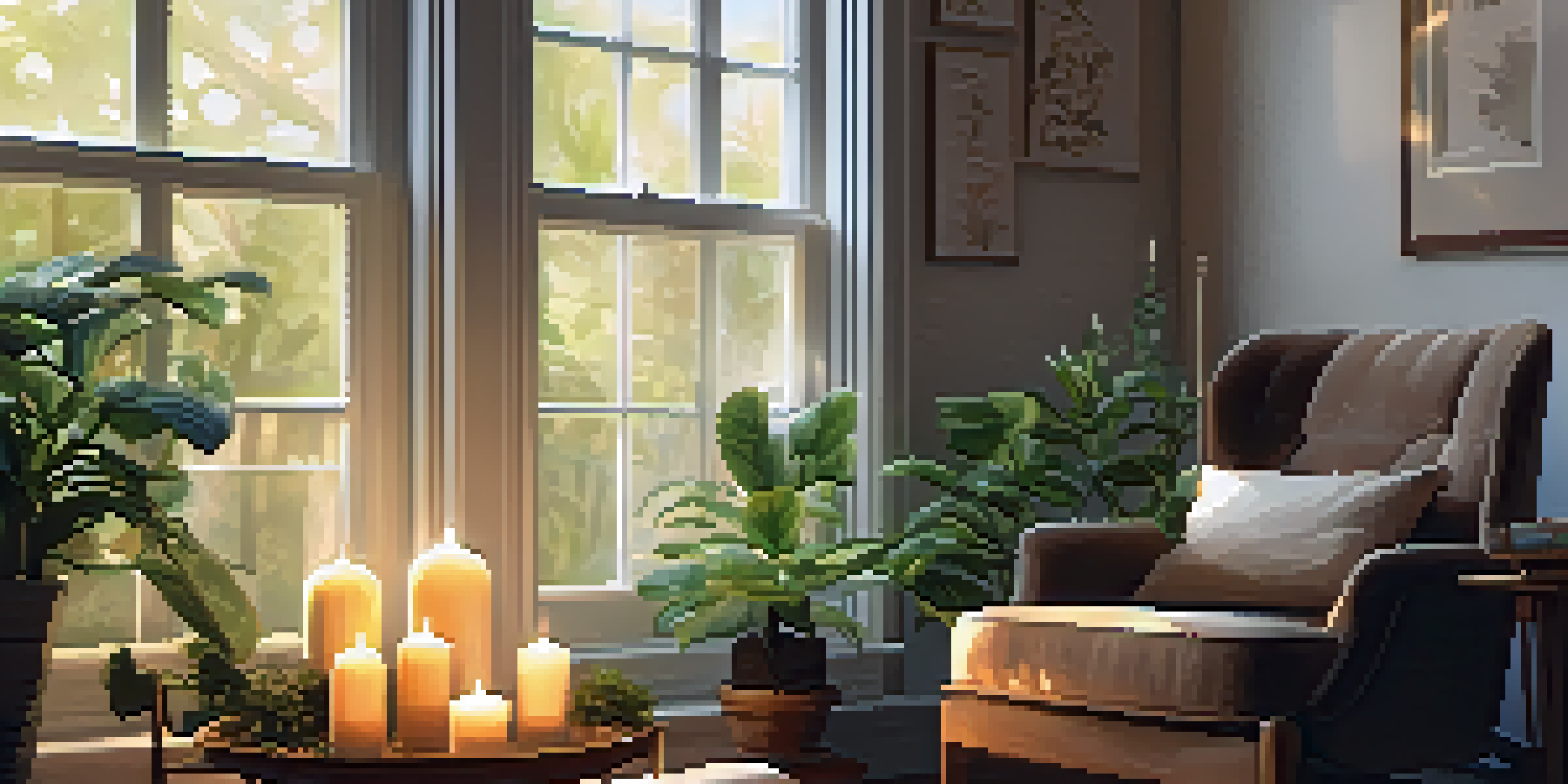 A cozy indoor setting with essential oil bottles, a diffuser, and candlelight, featuring sunlight and plants.
