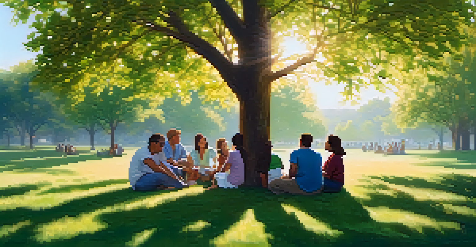 A small support group sitting on grass in an outdoor setting, engaged in a heartfelt discussion under the trees.