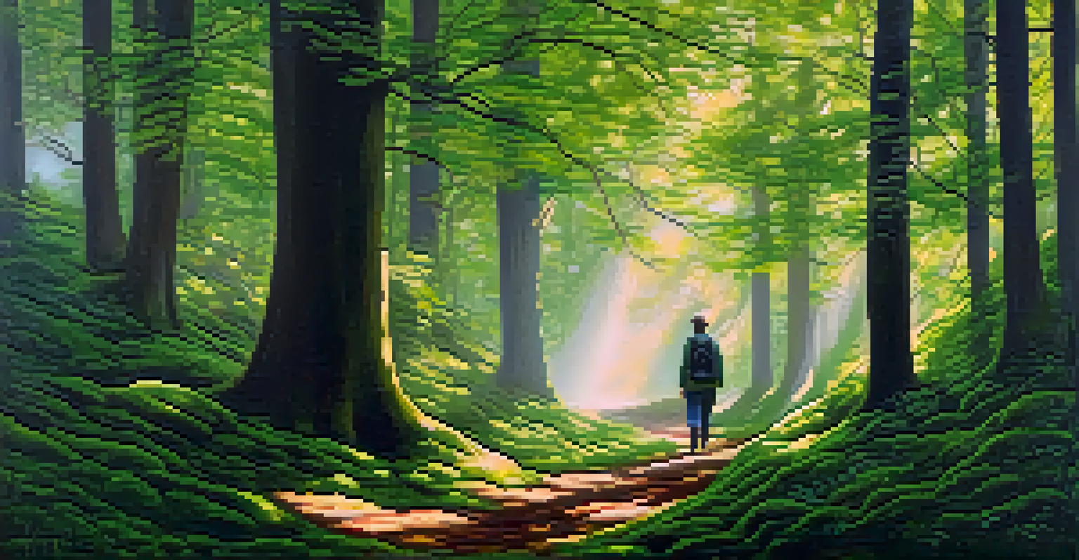A person walking mindfully in a sunlit forest, surrounded by trees and green moss, promoting a sense of peace.