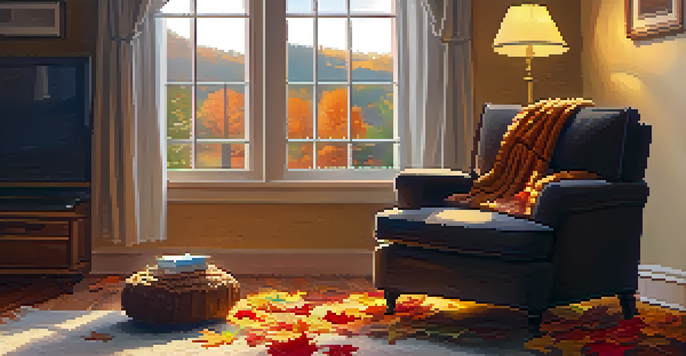 A warm and inviting living room with a fireplace, an armchair, and autumn leaves visible outside the window.