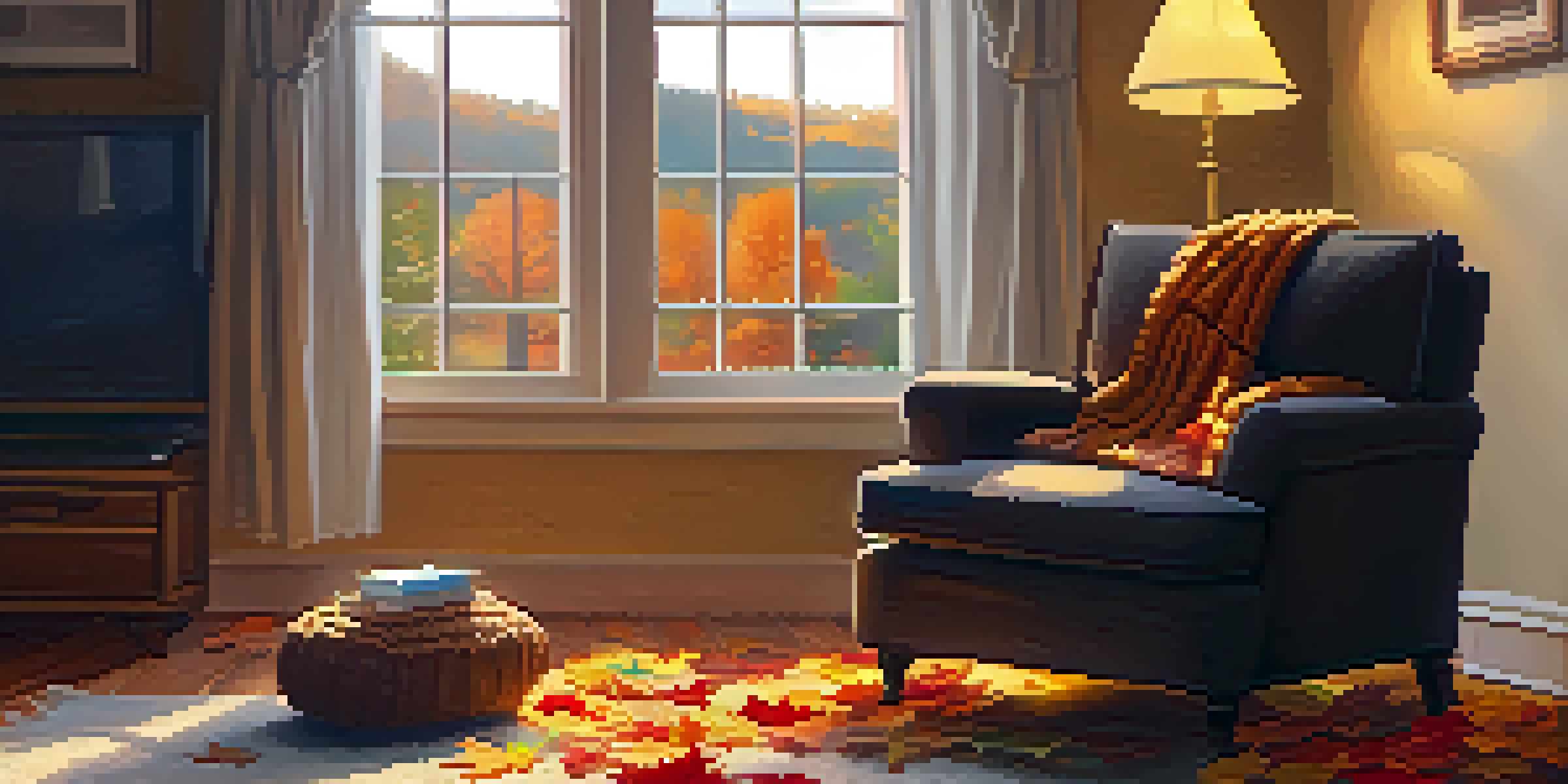 A warm and inviting living room with a fireplace, an armchair, and autumn leaves visible outside the window.