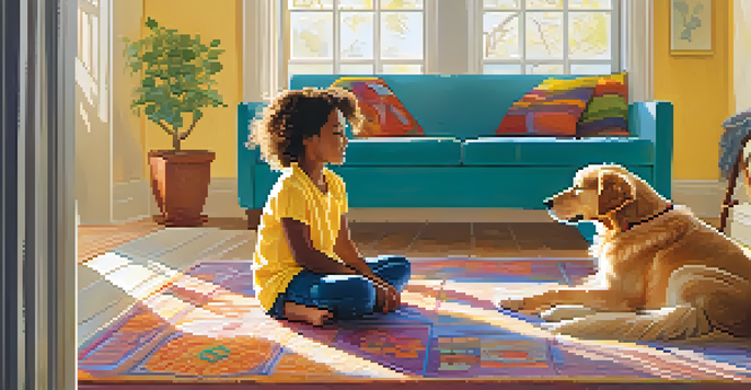 A young girl in a yellow shirt petting a golden retriever in a sunlit room, with warm light filtering through windows.