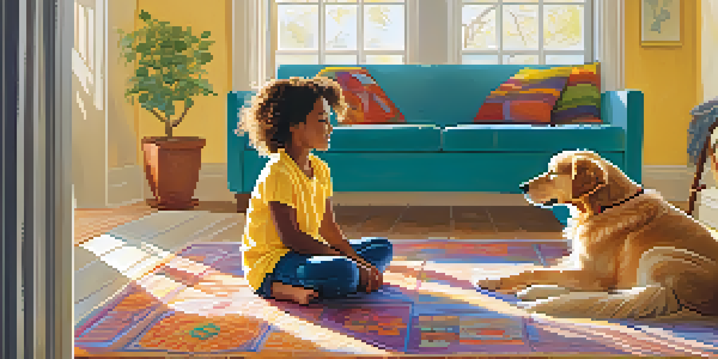 A young girl in a yellow shirt petting a golden retriever in a sunlit room, with warm light filtering through windows.