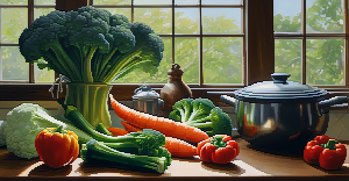 A colorful assortment of fresh vegetables on a wooden cutting board in a bright kitchen, with a steaming pot in the background.