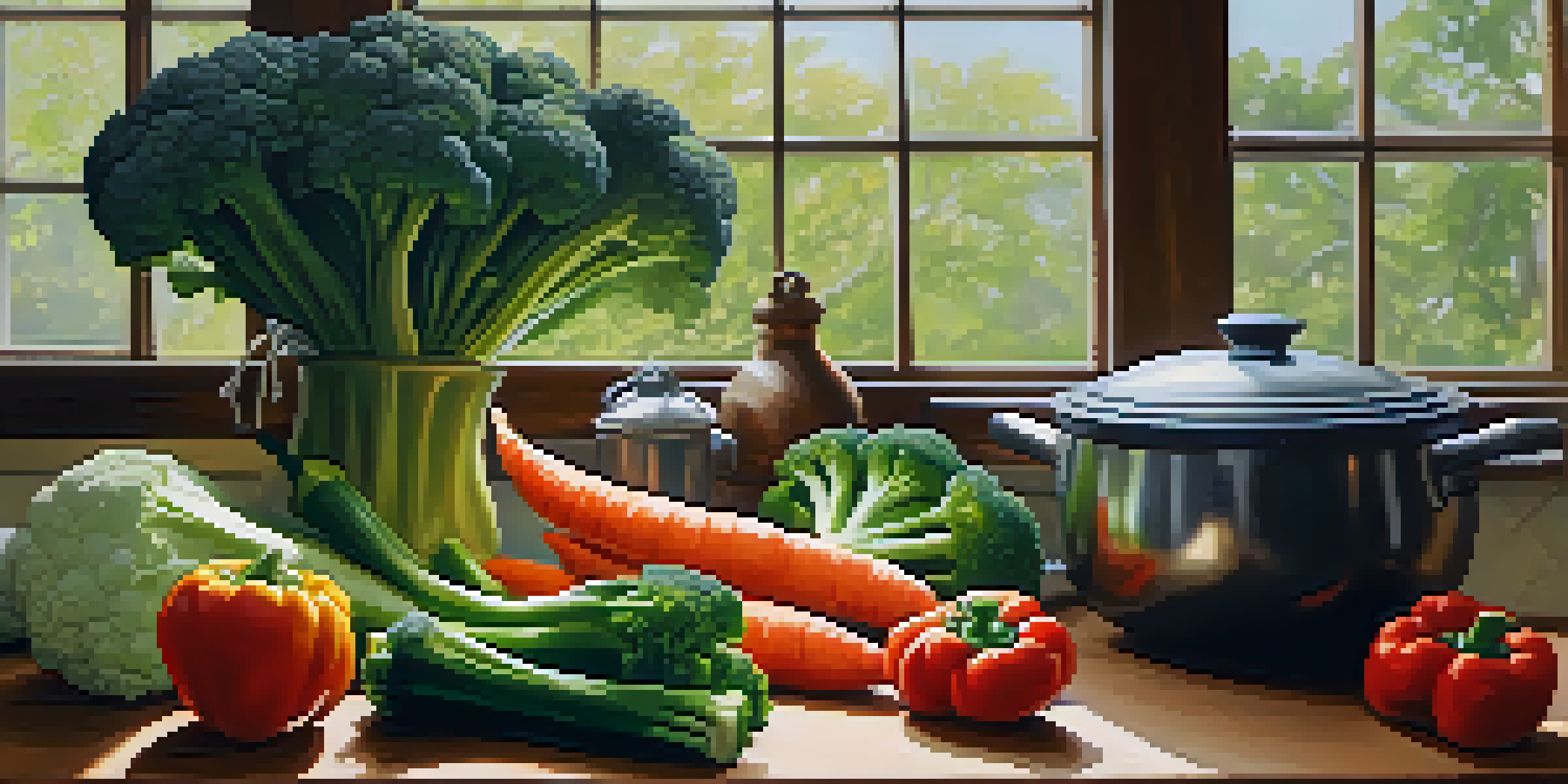 A colorful assortment of fresh vegetables on a wooden cutting board in a bright kitchen, with a steaming pot in the background.