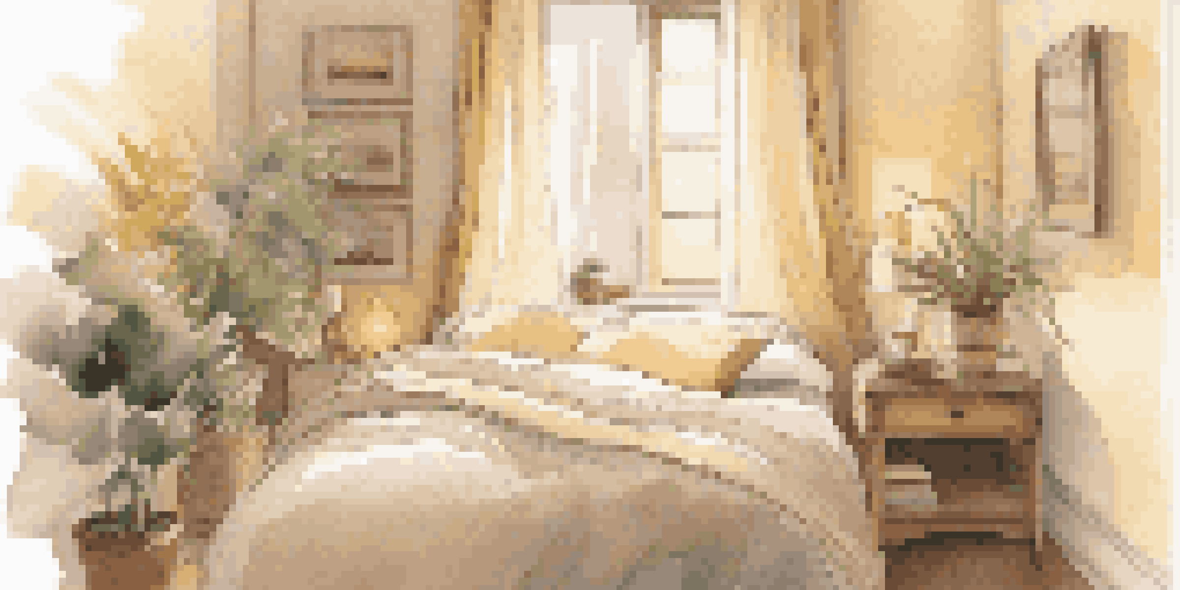 A peaceful bedroom with warm lighting, a neatly made bed, and a nightstand featuring books, a plant, and a candle, creating a device-free zone.
