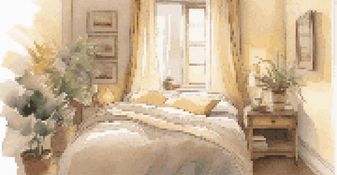 A peaceful bedroom with warm lighting, a neatly made bed, and a nightstand featuring books, a plant, and a candle, creating a device-free zone.