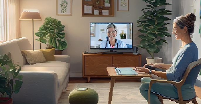A middle-aged woman having a telemedicine consultation in her living room, smiling at a laptop with a warm and cozy background.
