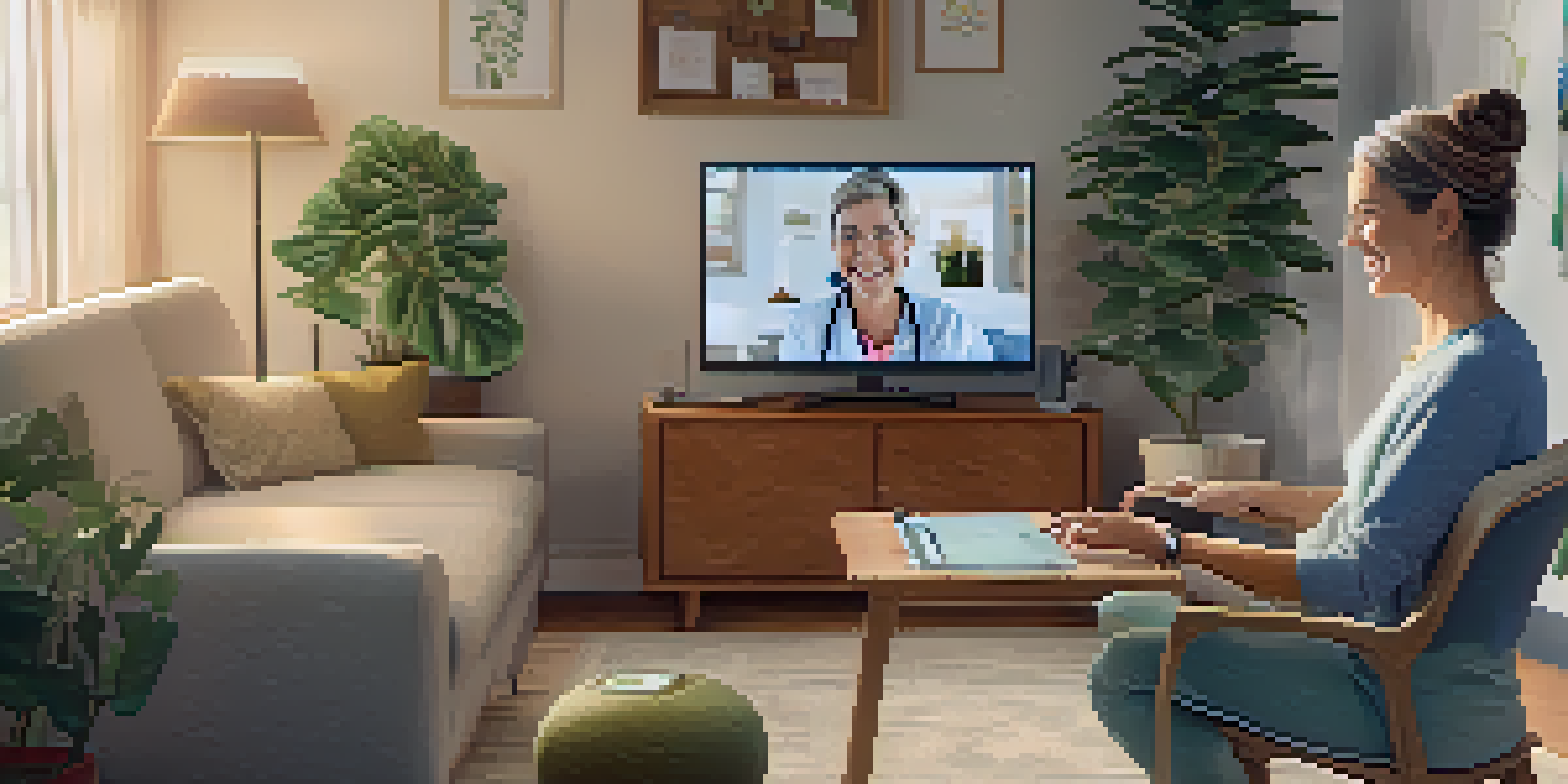A middle-aged woman having a telemedicine consultation in her living room, smiling at a laptop with a warm and cozy background.