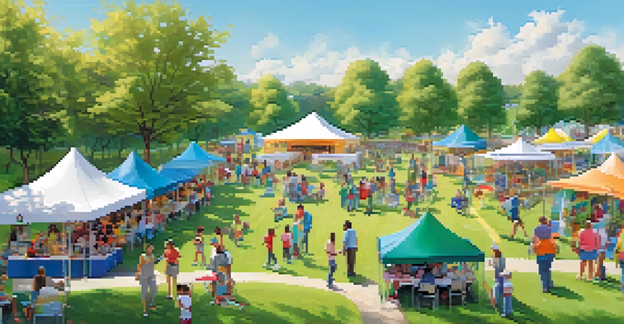 A lively community health fair in a park, featuring diverse families, colorful tents, and children engaging in activities under a sunny sky.