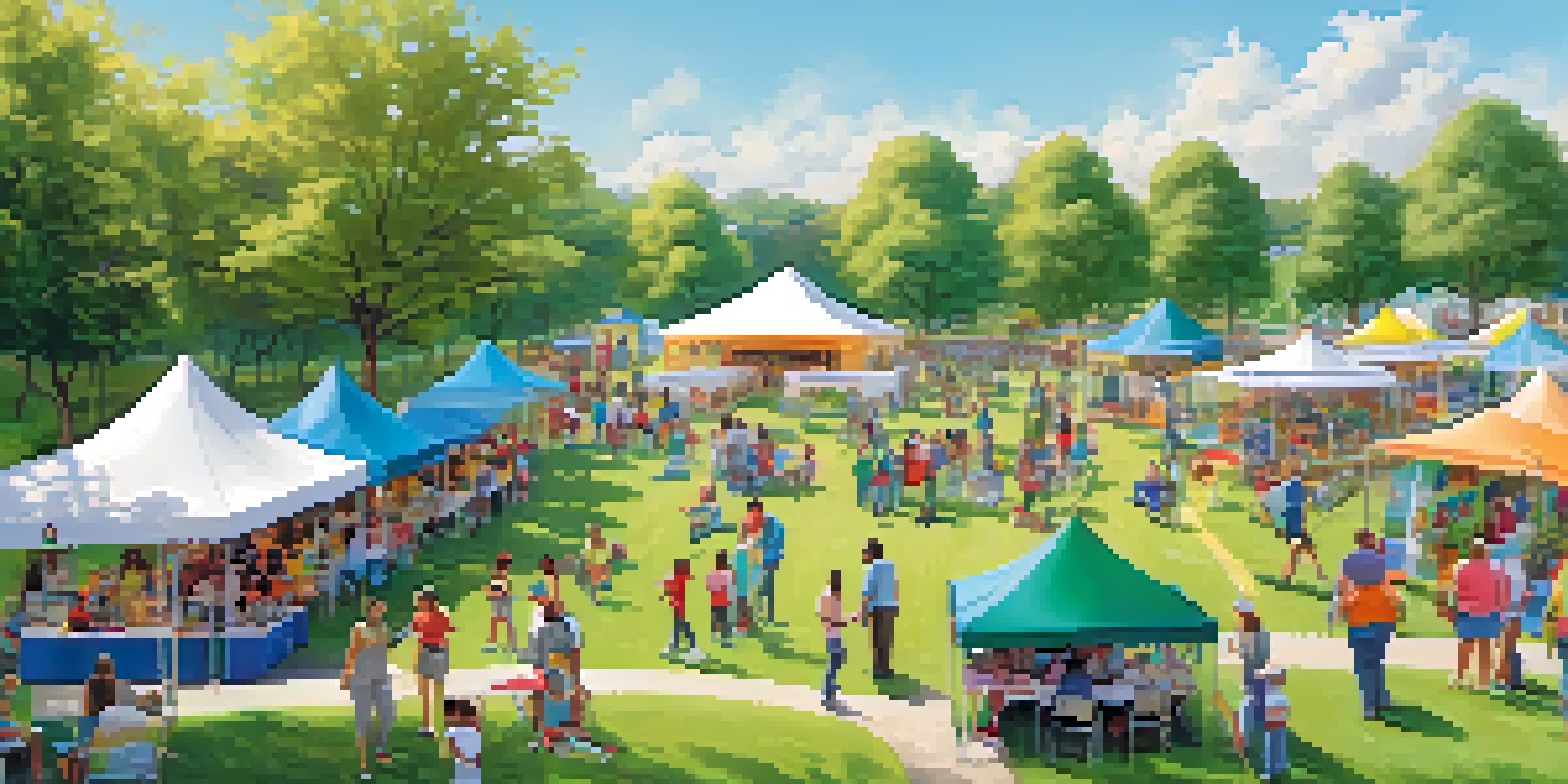 A lively community health fair in a park, featuring diverse families, colorful tents, and children engaging in activities under a sunny sky.