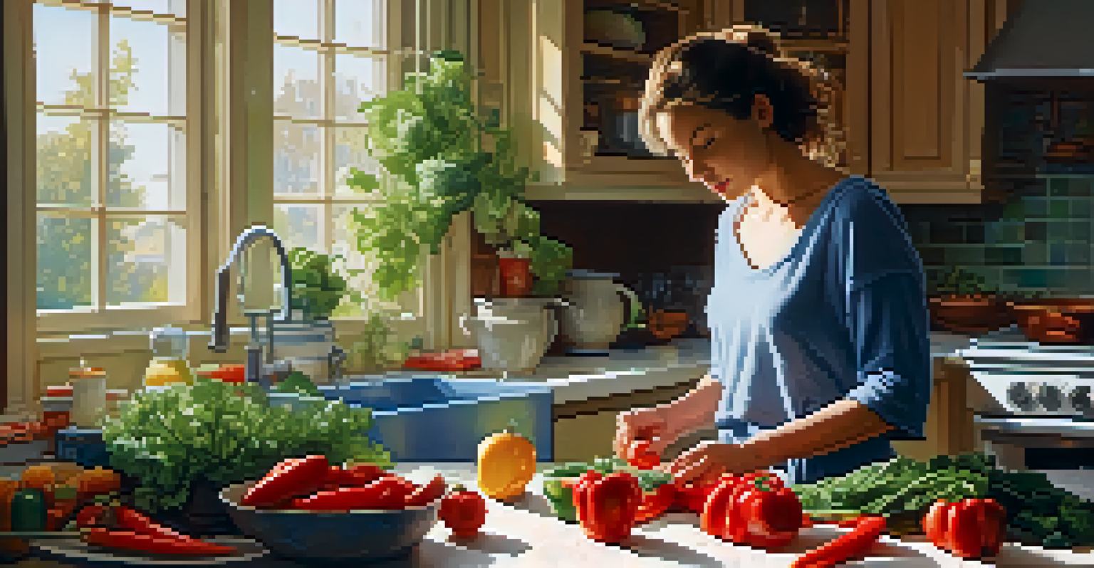 A person chopping colorful vegetables in a kitchen, with liver and dairy products in the background, illuminated by soft morning light.