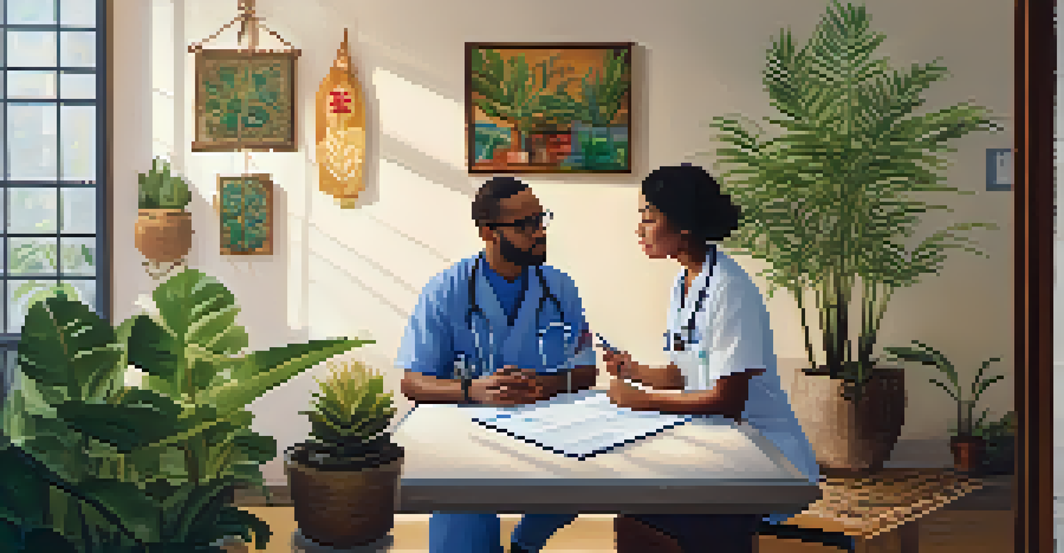 A healthcare provider listening to a patient during a consultation in a culturally rich environment.