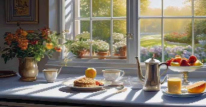A cozy kitchen with a healthy breakfast of oatmeal and fresh fruits, illuminated by golden sunlight, and a view of a tranquil garden.