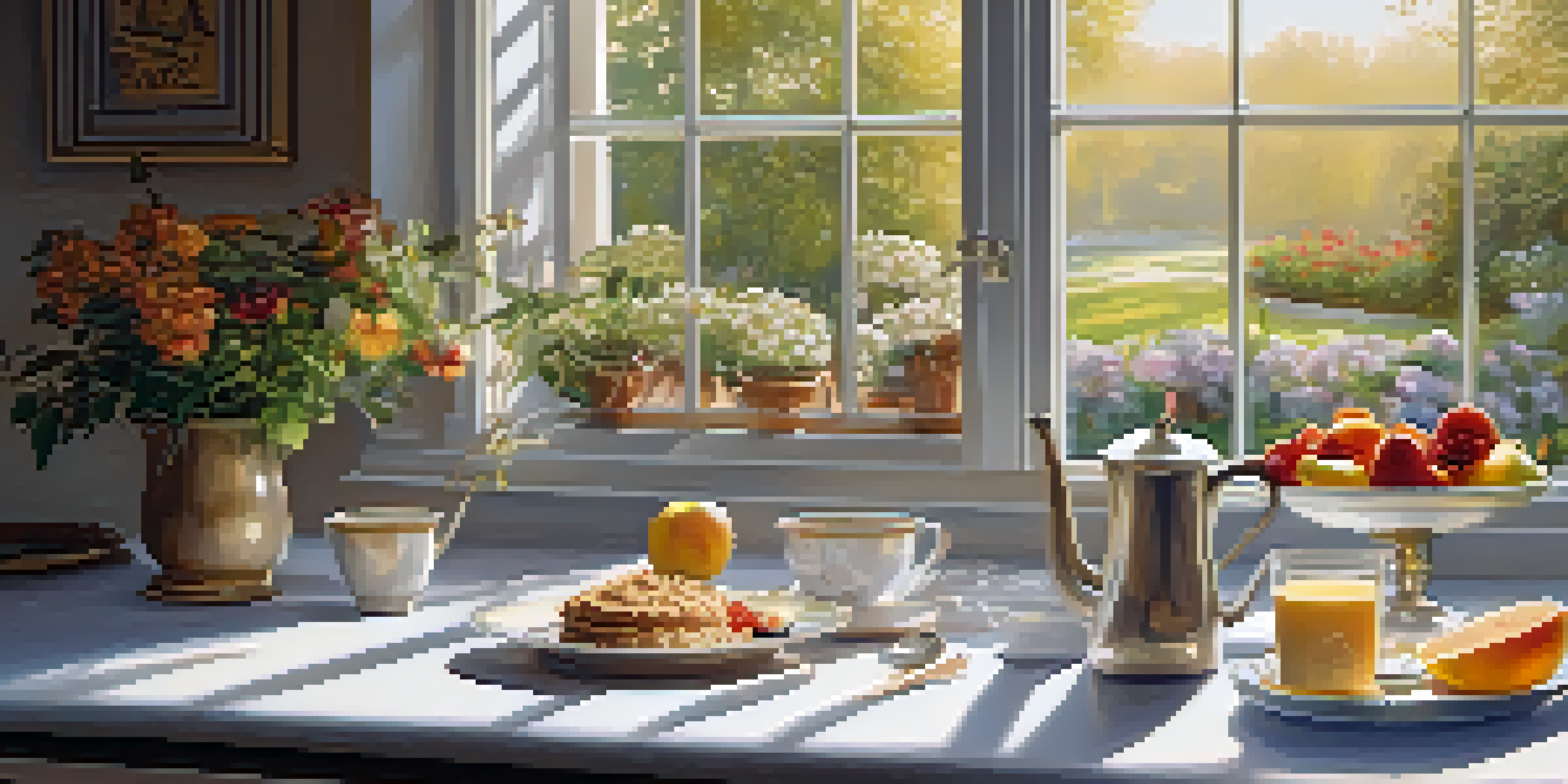 A cozy kitchen with a healthy breakfast of oatmeal and fresh fruits, illuminated by golden sunlight, and a view of a tranquil garden.