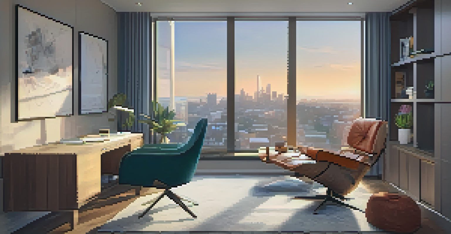 A stylish office nook with a cozy chair, a blanket, and a city view, ideal for napping.