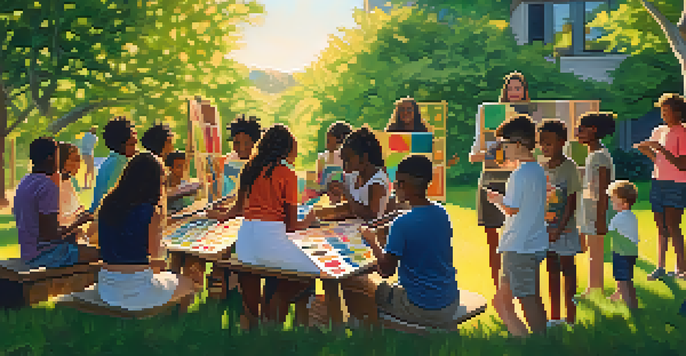 A diverse group of young people working together on a colorful mural outdoors, with sunlight illuminating their focused expressions.