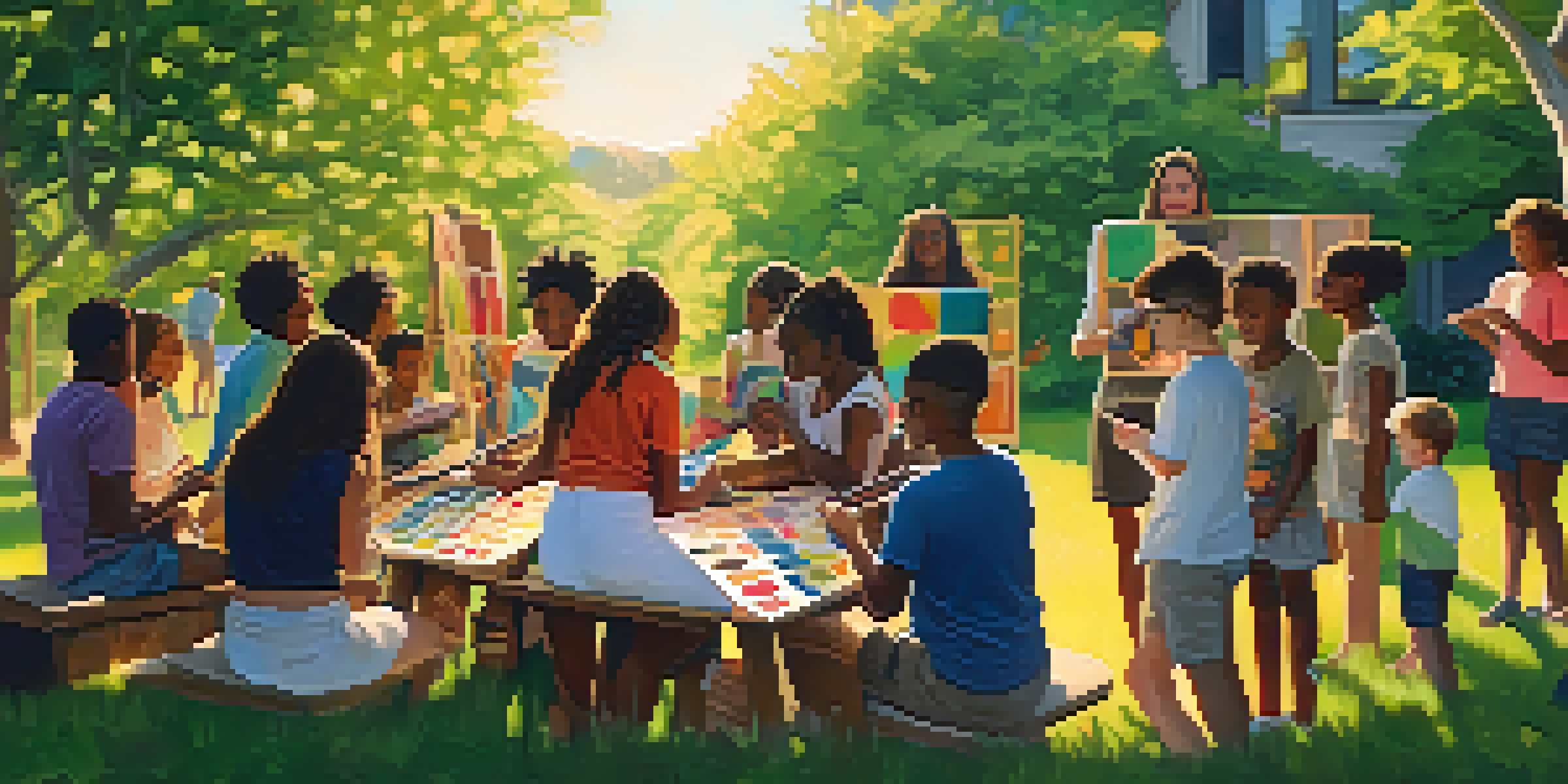 A diverse group of young people working together on a colorful mural outdoors, with sunlight illuminating their focused expressions.
