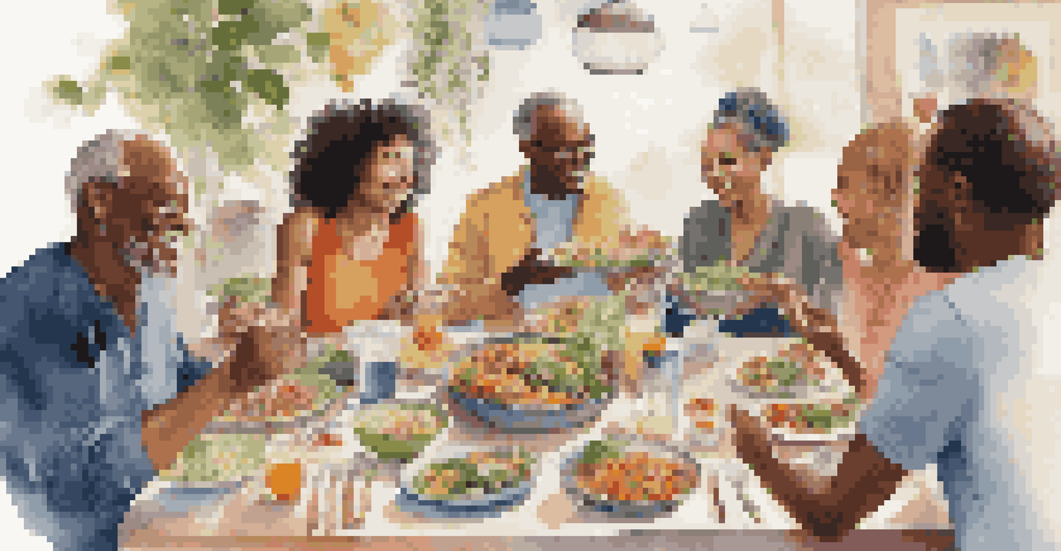 A diverse group of people enjoying a potluck meal at a table filled with colorful dishes catering to various dietary restrictions, with smiles and a warm atmosphere.