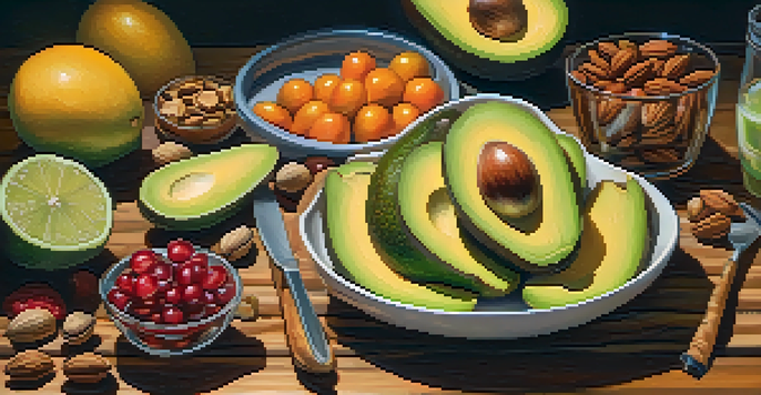 A colorful and healthy meal with avocado slices, nuts, and fruits displayed on a wooden table, illuminated by natural light.