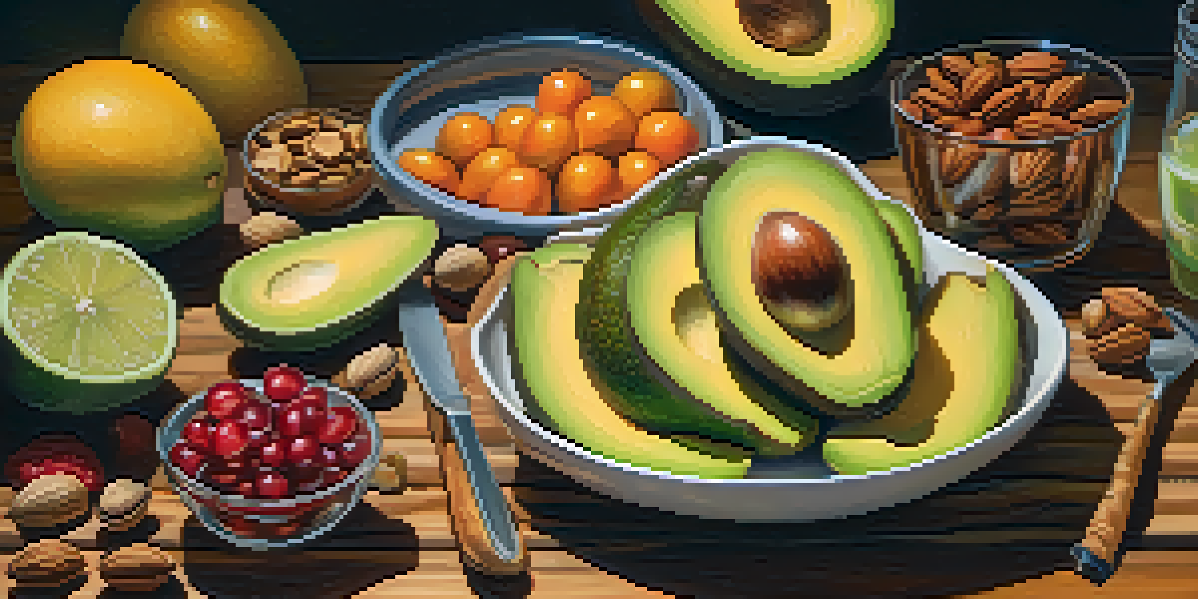 A colorful and healthy meal with avocado slices, nuts, and fruits displayed on a wooden table, illuminated by natural light.