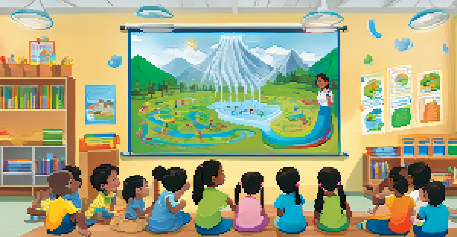 Children in a classroom learning about water conservation, with a teacher pointing to a poster on the wall.